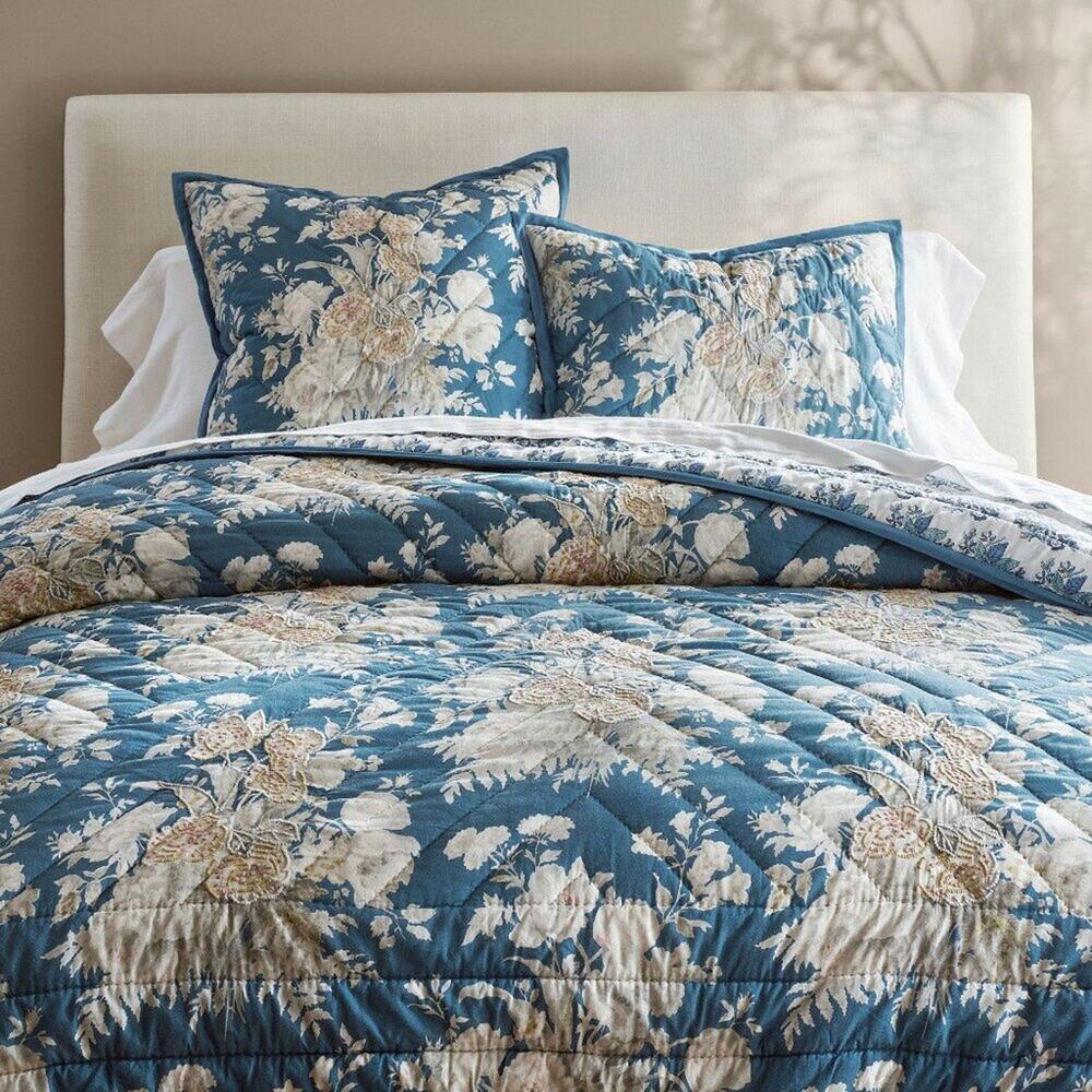 Pottery Barn Quilt + 2 Standard Shams Bethany Floral Embroidered Reversible NWT